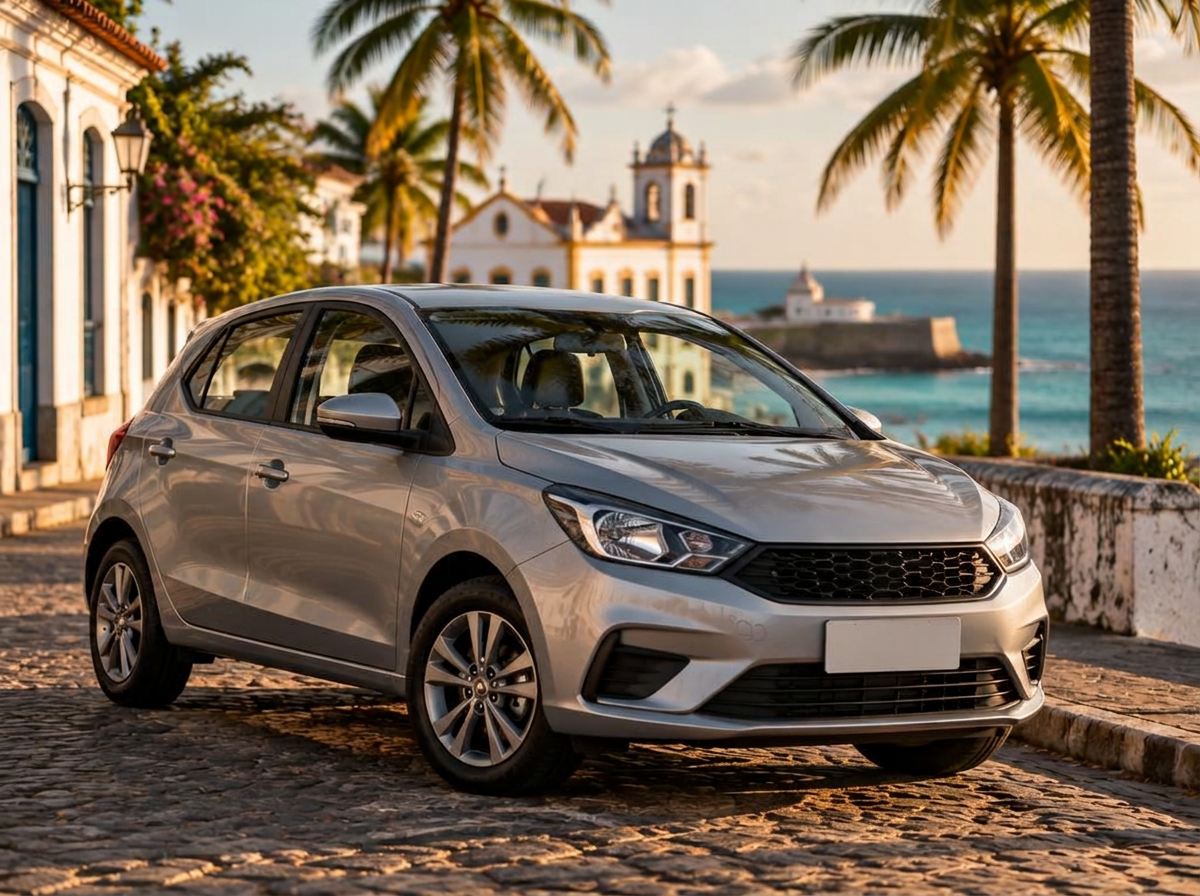 Carro hatchback prateado estacionado em rua litorânea de Porto Seguro