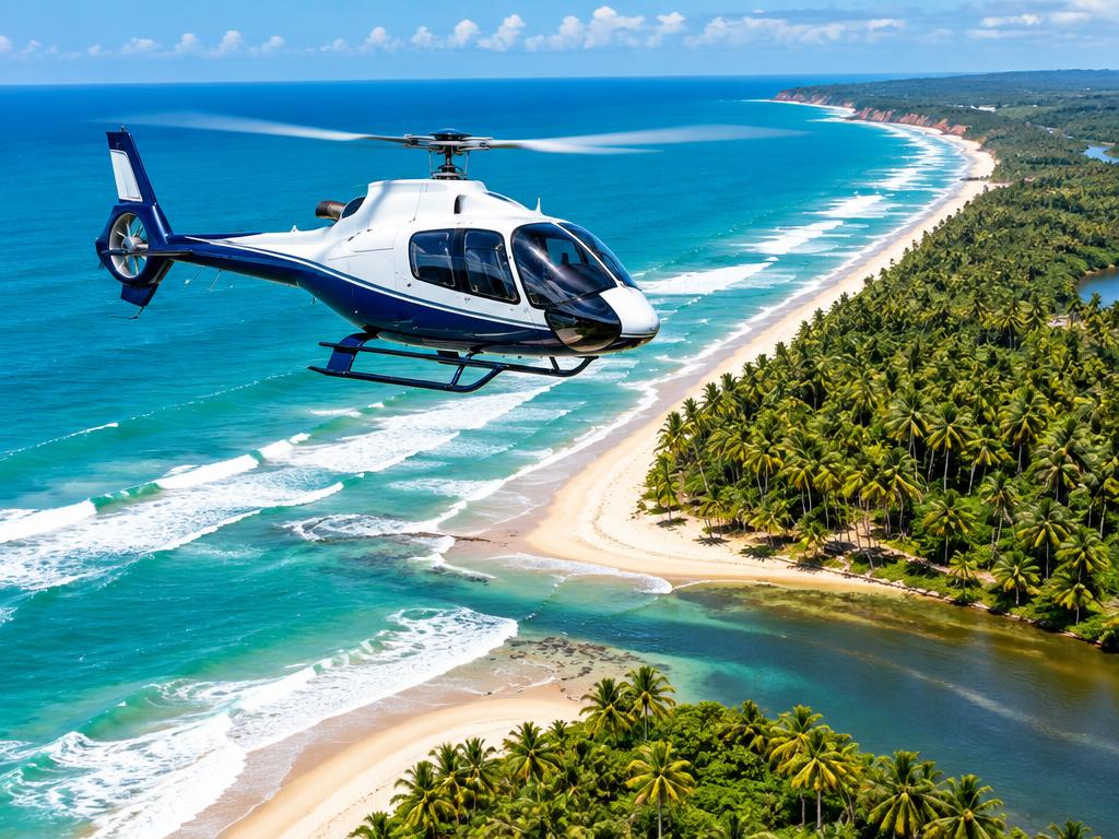Helicóptero branco e azul sobrevoando o litoral de Porto Seguro