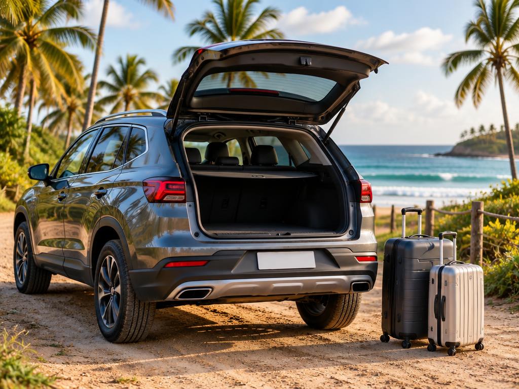 SUV cinza com porta-malas aberto e malas próximas, em acesso à praia