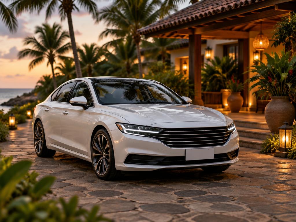 Sedan branco estacionado na entrada de um hotel tropical ao entardecer